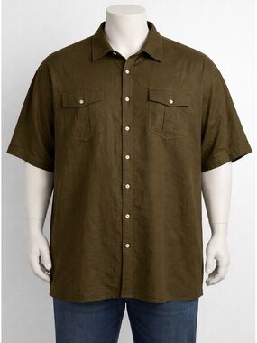 Sean John Shirt Mens 5X Big Green Button Up Military Utility 100% linen